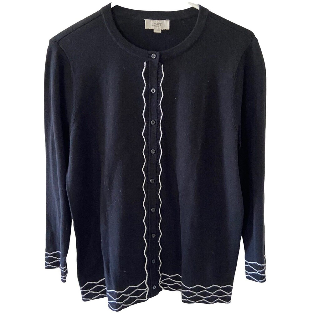 Loft Sweater Womens  Size M  Black Button-Front Cotton Knit Cardigan Grannycore